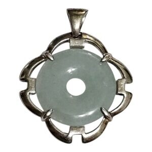 Sterling Silver & Green‎ Jade Pendant 925 CNA Thailand Signed ~1.25" Necklace